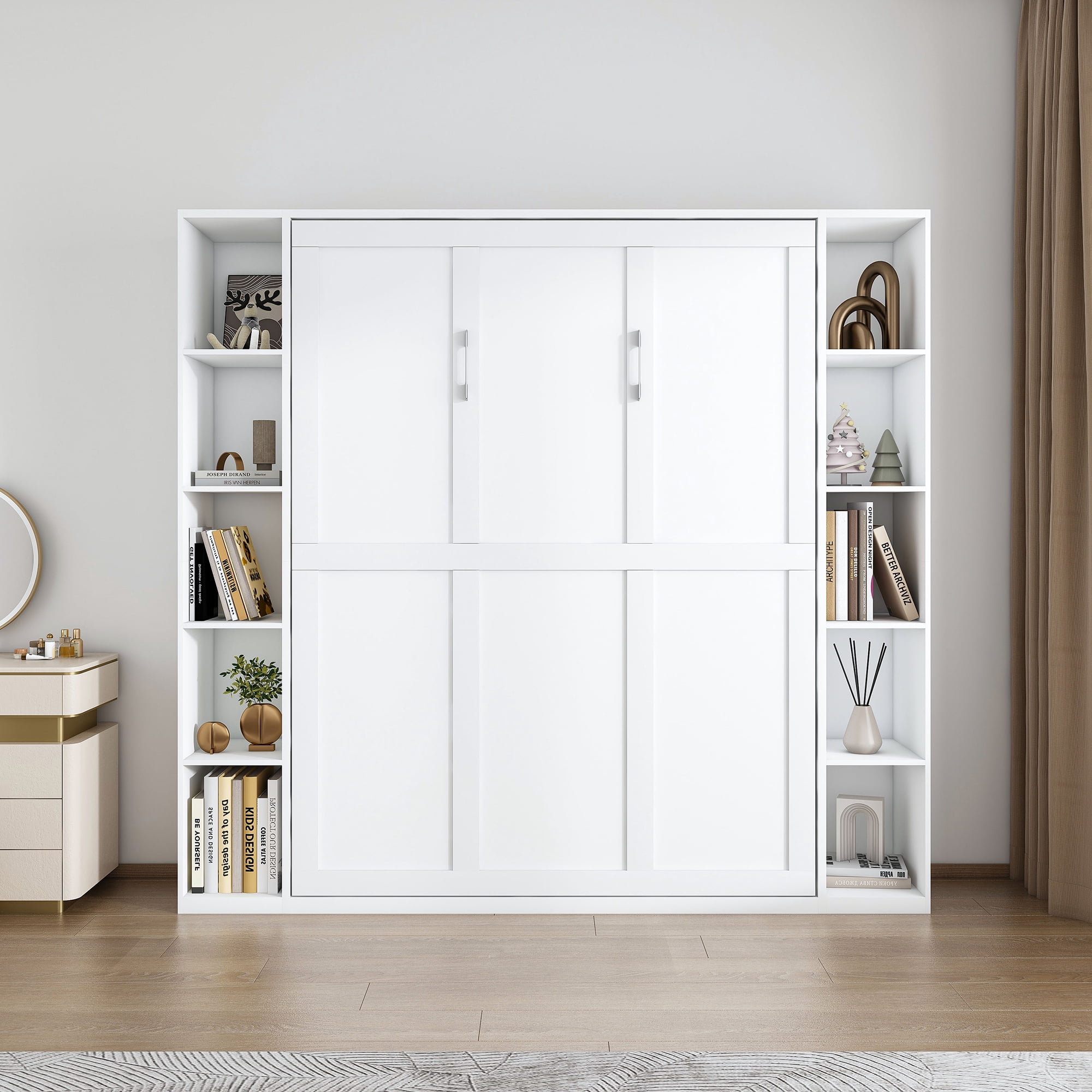 Mintazer Queen Size Murphy Bed with Storage Shelves, Hidden Foldable Wall Bed Frame with Wall Cabinet for Bedroom Guest Room, White