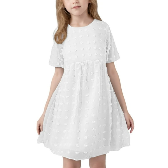 shoper Summer Dresses for Girls 10-12 Short Sleeve Solid Color Crew Neck A-Line Trendy Midi Dress Girls Flower Girl Dress Princess Dress White 110