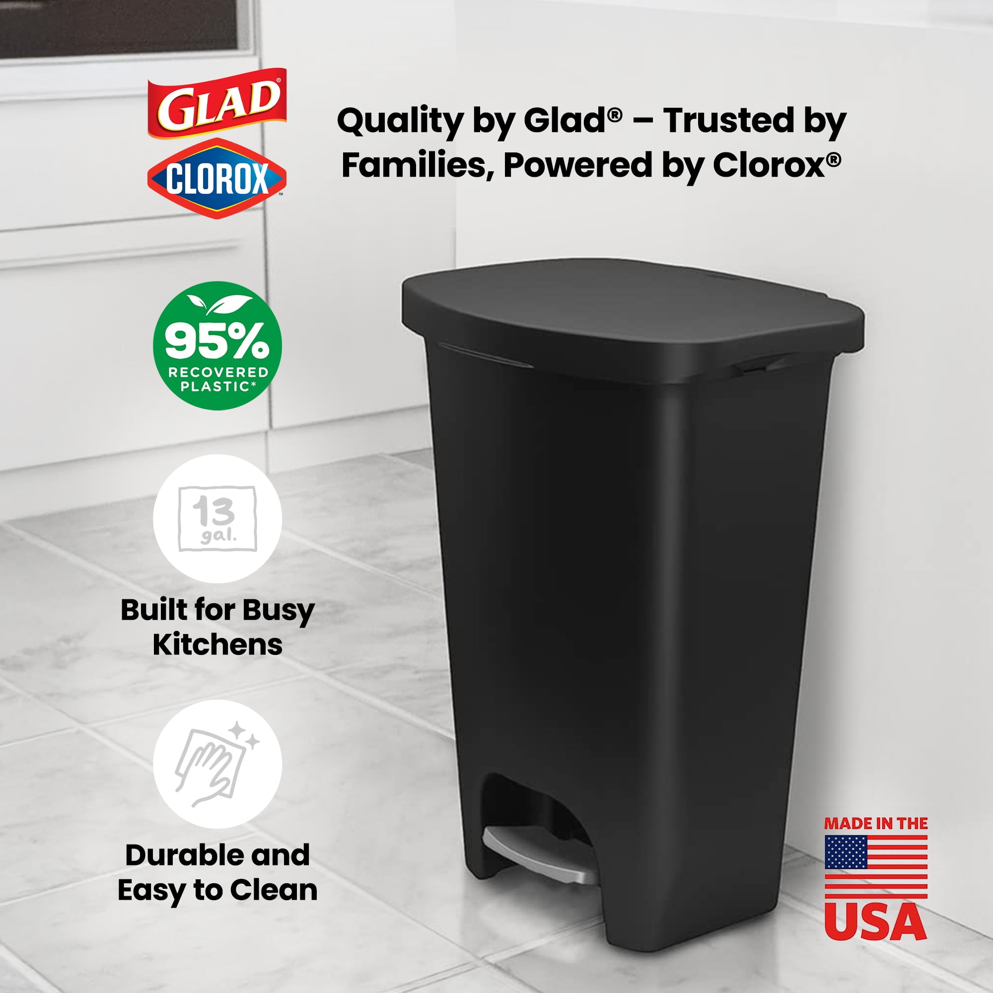 Open Box Glad Trash Can w/Lid, Foot Pedal & Garbage Bag Rings, 13 Gal, Black