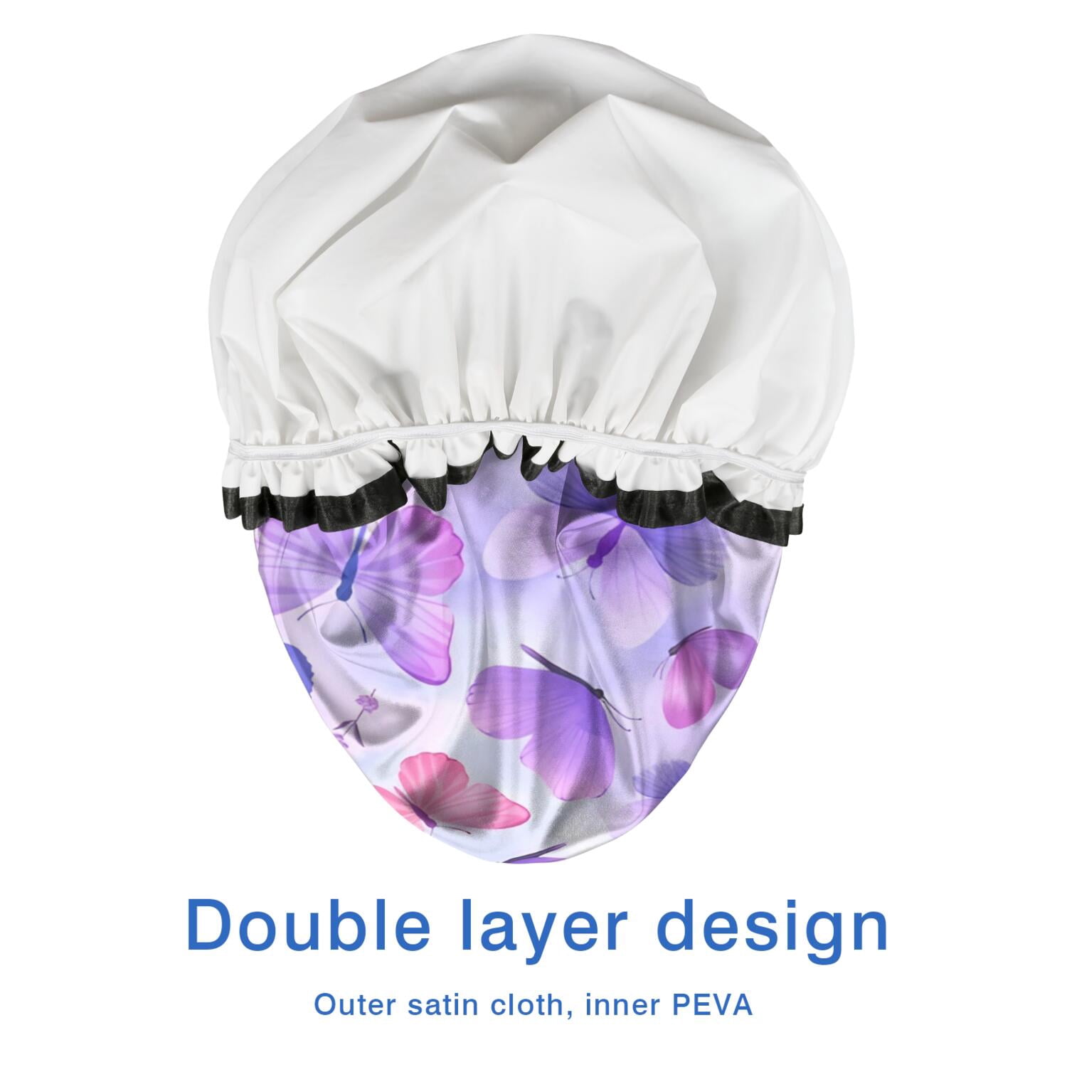 Shower Caps,Purple Butterfly Lavender Pattern Waterproof Shower Cap for Women 4 Pieces,Double Reusable Hair Cover for Shower PEVA Elastic Stretch Hem