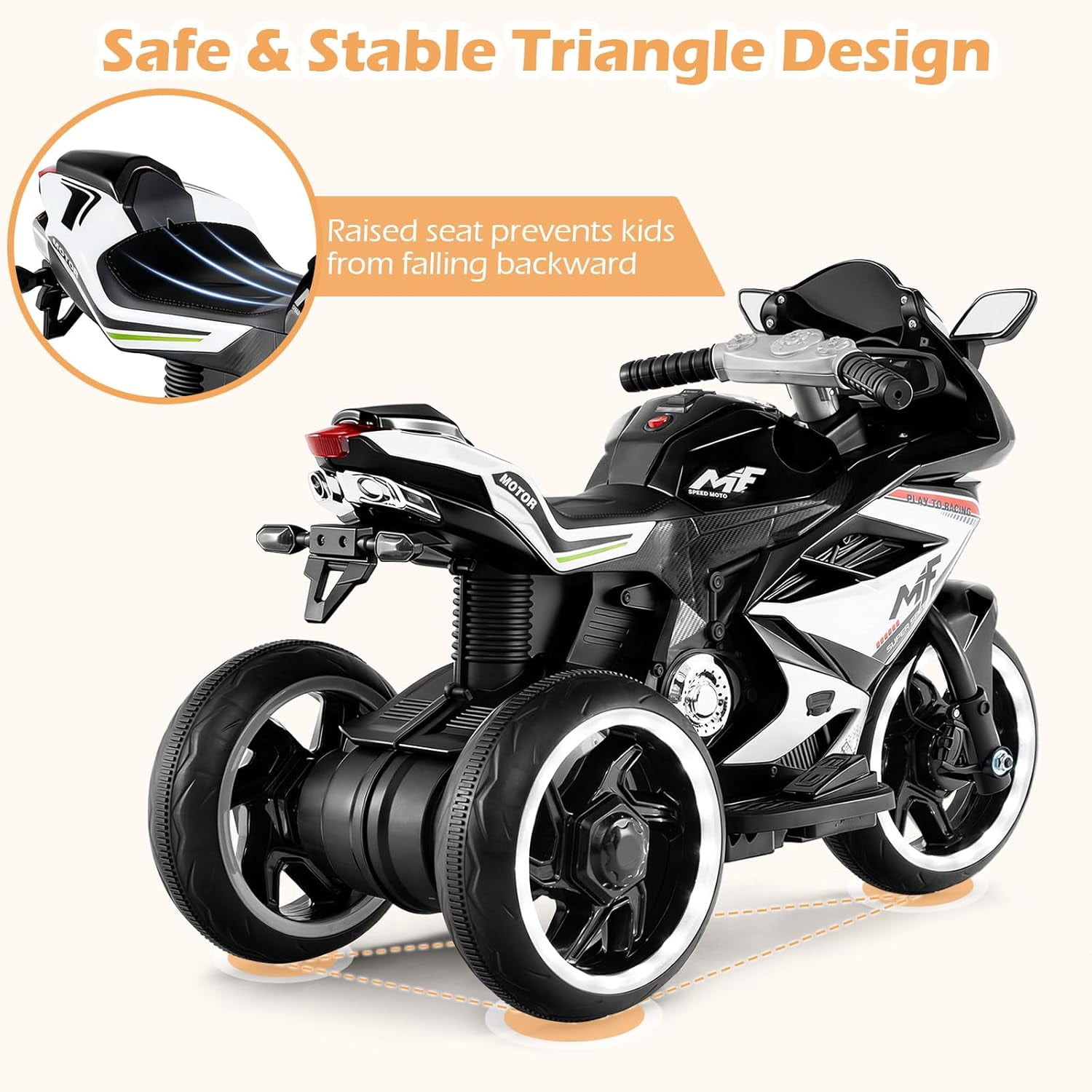 OLAKIDS 6V Kids Motorcycle with Forward & Reverse Switch, Headlight, Wheel Lights, Horn, Music, USB Port, 3-Wheel Ride on Toy for Toddler Aged 3+