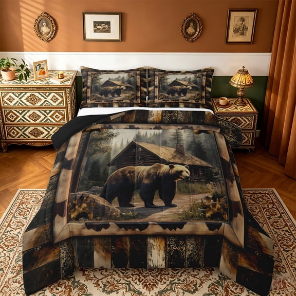 jejeloiu Jungle Wildlife Bear Bedding Comforter Set,Old Barn Door Twin Comforter Sets,Rustic Farmhouse Cabin Bedding Set For Boys Kids,Ultra Soft Home Decor Reversible,2-Piece