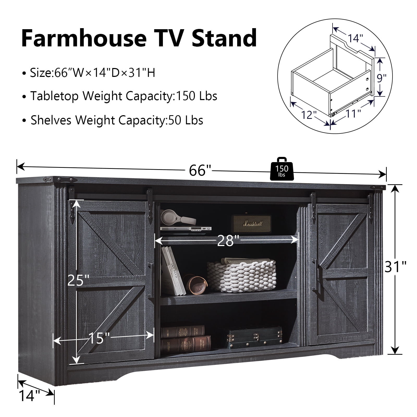 T4TREAM Farmhouse TV Stand with 4 Drawer for TVs up to 75", Farmhouse Entertainment Center with Adjustable Shelves & Barn Door, Black