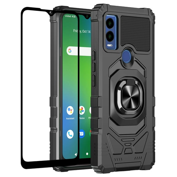 Compatible for Cricket Innovate E 5G Case w/Tempered Glass Screen Protector [Military Grade] Ring Car Mount Kickstand Shockproof Hard Phone Case - Black