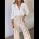 thumbnail image 5 of Conjunto de Dos Piezas para Mujer, con Estampado Geométrico, Pantalones de Cintura Alta y Camisa Sencilla. Caqui XL, 5 of 10