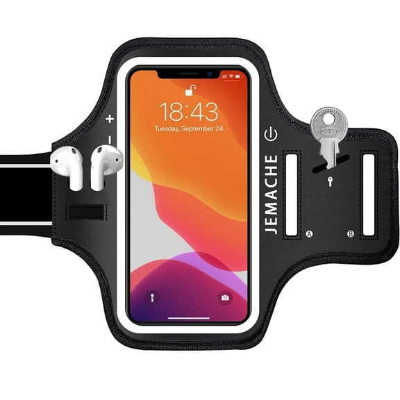 iPhone 16 15 14 13 12 Pro Armband with Airpods Holder, JEMACHE Sport Running Exercise Workout Gym Arm Band (Dark)