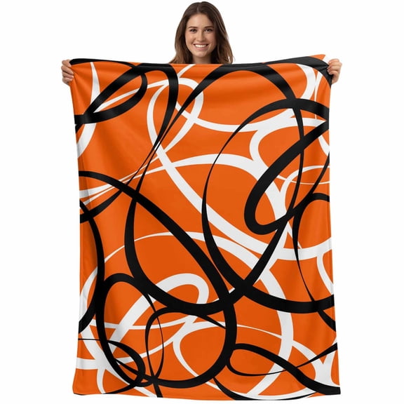 Orange Geometric Blanket Soft Cozy Warm Twin Blanket for Bed, Plush Fuzzy Flannel Fleece Blankets for Sofa, Black White Striped Abstract Lines Art Throw Blankets for Couch, Gifts for Men, 60"x80"