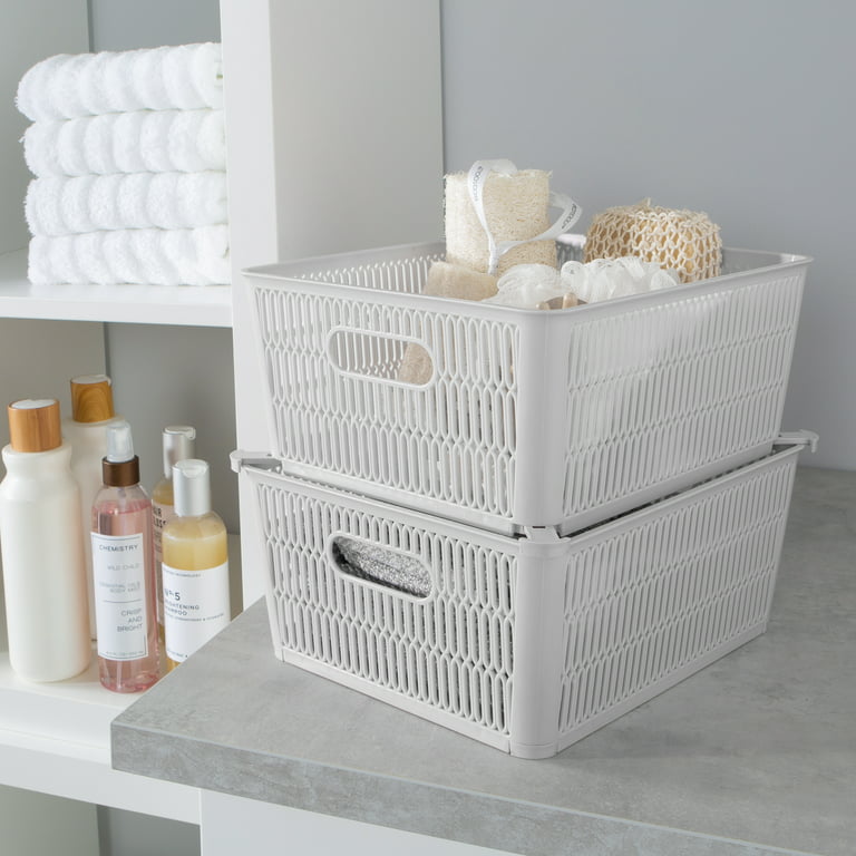 Simplify 2 Pack Slide 2 Stack It Small Storage Tote Baskets in White
