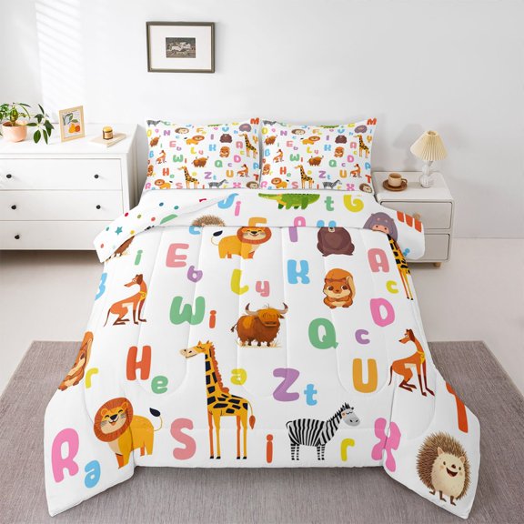 Feelyou Cartoon Letter Twin Comforter Sets, Animal Bedding Set, 2-Piece