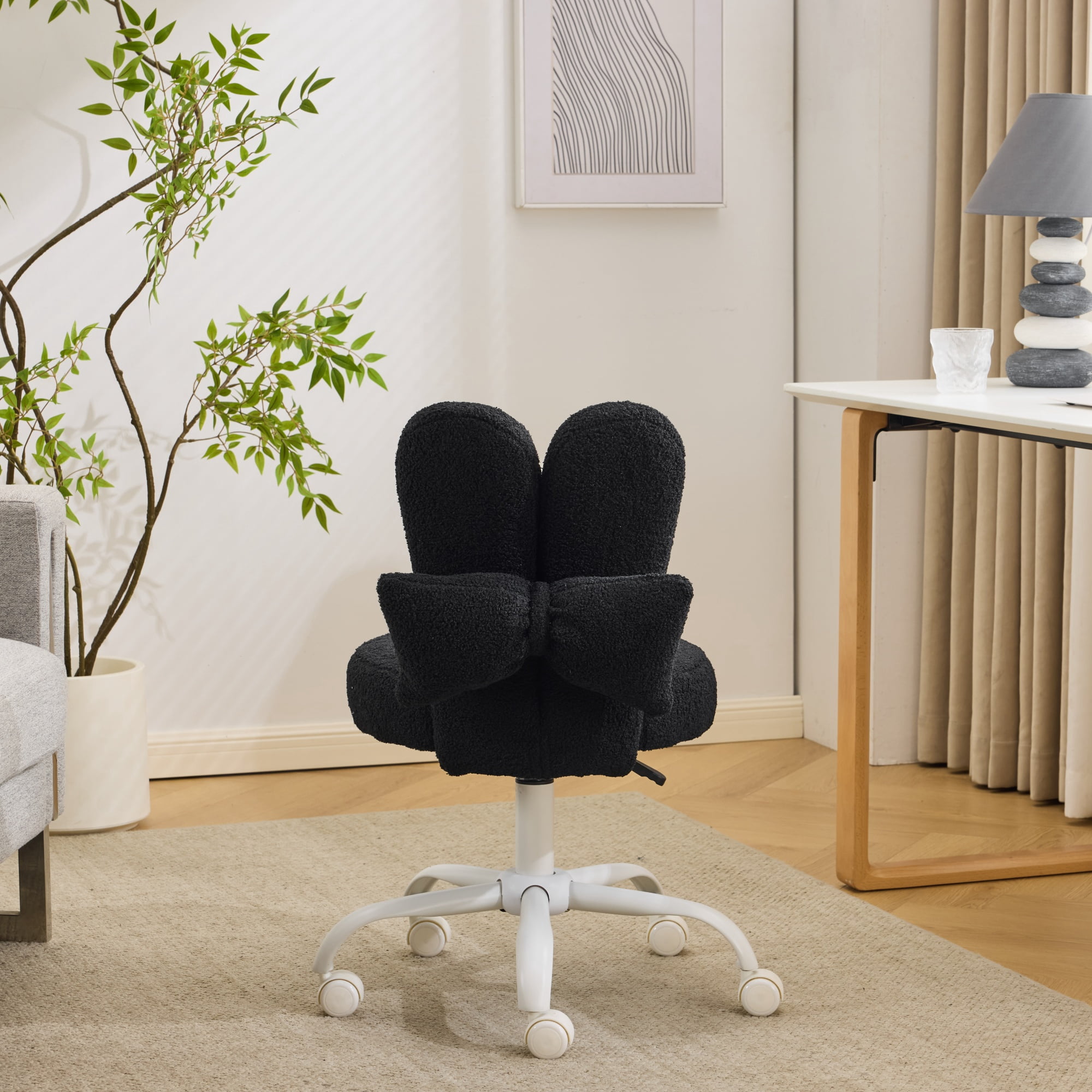Ktaxon Teddy Fleece Office Chair, Rabbit Ear Backrest Vanity Chair, Adjustable Swivel Reading Chair for Home Office Black
