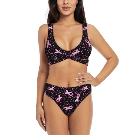Zeuib Breast Cancer Awareness3 High Waisted Tummy Control Bikini Set - Knot Front Push Up Top & Cheeky Thong Bottom  Two-Piece Swimsuit for Women-XX-Large
