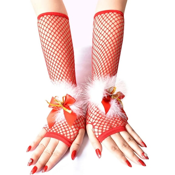 YooGuoGuo Fishnet Women's Gloves Fingerless Red Long Nylon Gloves Elbow Length Christmas Gloves Bow Bells Party Cosplay Gloves for Women and Girls