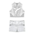 thumbnail image 3 of Alvivi Kids Girls Dance Outfits Shiny Metallic Crop Tank Top Vest Shirts with Shorts Bottoms Set Silver 6, 3 of 5