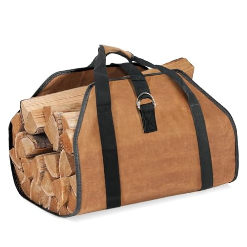 Waxed Canvas Log Carrier Bag,Durable Wood Tote Water Resistant for Indoor Outdoor,Fireplace Stove Accessories Firewood Wood Carrying Bag at Home or for Camping Trip Christmas Gift