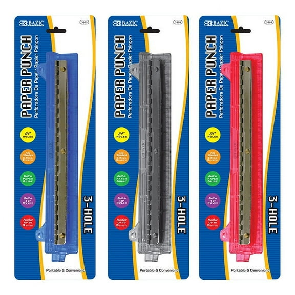 BAZIC Portable 3-Hole Paper Punch Case of 72