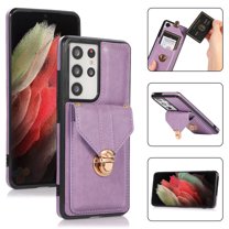 Back Wallet Case for Samsung Galaxy S23 Ultra, Fashionable Metal Anti-Theft Buckle Card Slot Pocket Luxury PU Leather Cover with Shoulder Strap Lanyard Crossbody Kickstand Shockproof Case,Purple