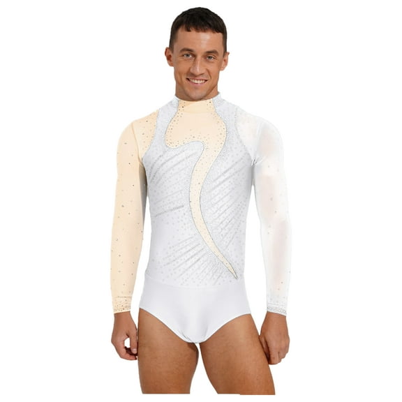 Zaldita Men's Shiny Rhinestone Figure Skating Dance Bodysuit Training Jumpsuit Gymnastics Dancewear White L