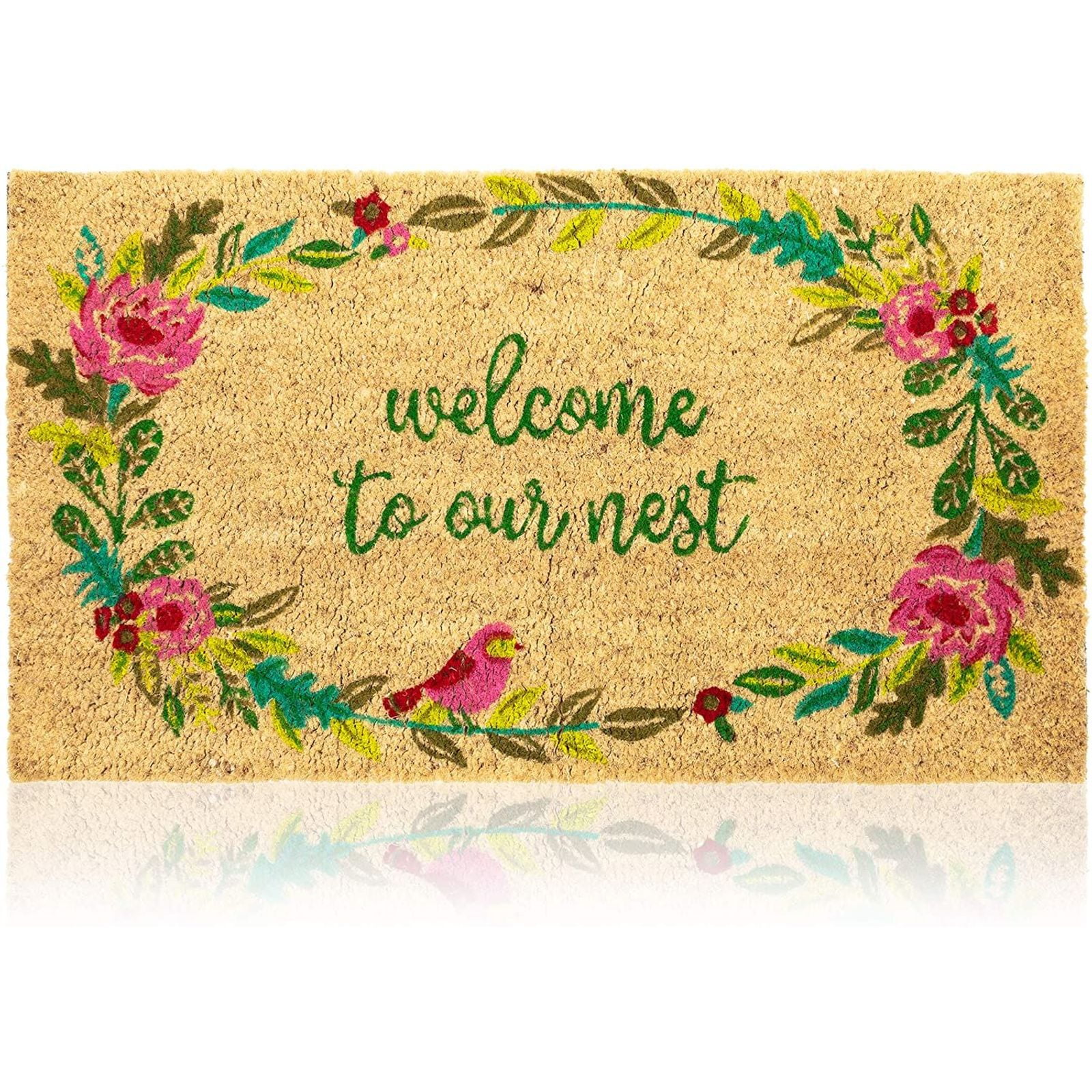 Bright Floral Natural Coco Coir Mat Nonslip Welcome Doormat 17 x 30 in