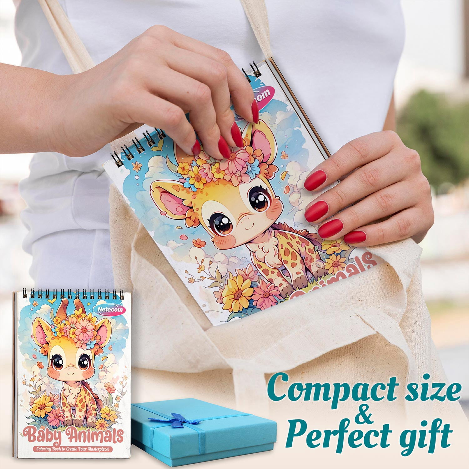 Netecom Baby Animals Coloring Book Spiral Bound for Adults, A5 Wooden Cover, 30 Adorable Coloring Pages of Little Animals for Stress Relief and Relaxation