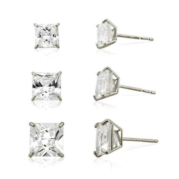 AVORA 3-Pair 10K White Gold Princess Cut Simulated Diamond CZ Stud Earrings Set