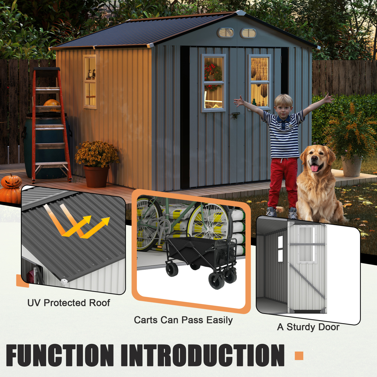 8x8 FT Outdoor Storage Shed, Metal Garden Tool Shed with Windows and Lockable Doors, Updated Frame Bike Shed with Slooping Roof and Air Vents, White