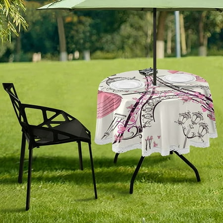Paris Eiffel Tower Outdoor Tablecloth Vintage France Bicycle Fl Balloon Round Tablecloths With Umbrella Hole Polyester Circular Patio Table Cloths Covers For Camping Bbq Picnic 60 Inch Canada Paris Eiffel Tower Outdoor Tablecloth, Round Picnic Table Tablecloths