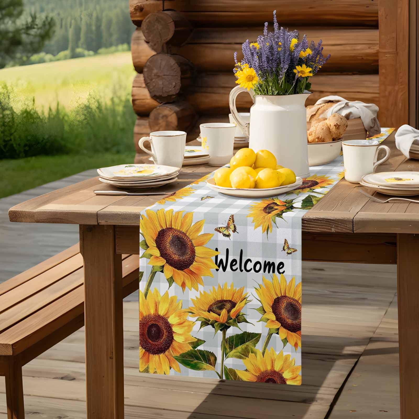 Spring Gradient Yellow Sunflower Table Runner 90 Inches Long, Farm Butterfly on Grey Plaid Table Runners Tabletop Scarf Kitchen Dining Tables Decoration for Home Party Indoor Outdoor