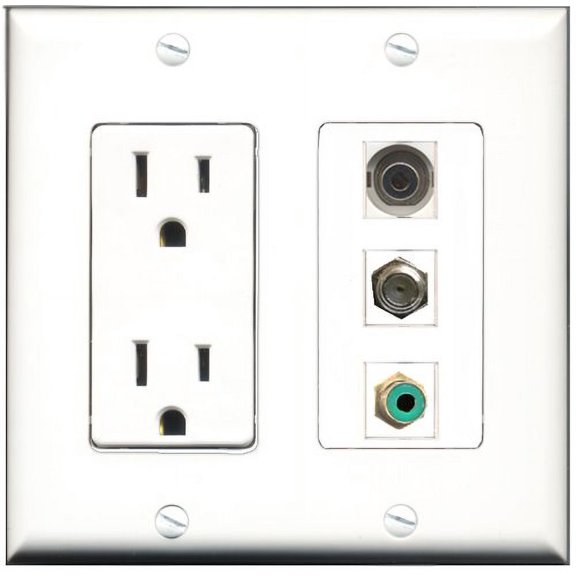 RiteAV - 15 Amp Power Outlet 1 Port RCA Green 1 Port Coax 1 Port 3.5mm Decorative Wall Plate
