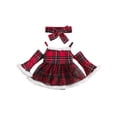 thumbnail image 2 of Infant Girls Christmas Romper Dress 3M 6M 12M 18M 24M Snowflake/Plaid Patchwork Cold Shoulder Flare Long Sleeve Jumpsuit + Headband, 2 of 10