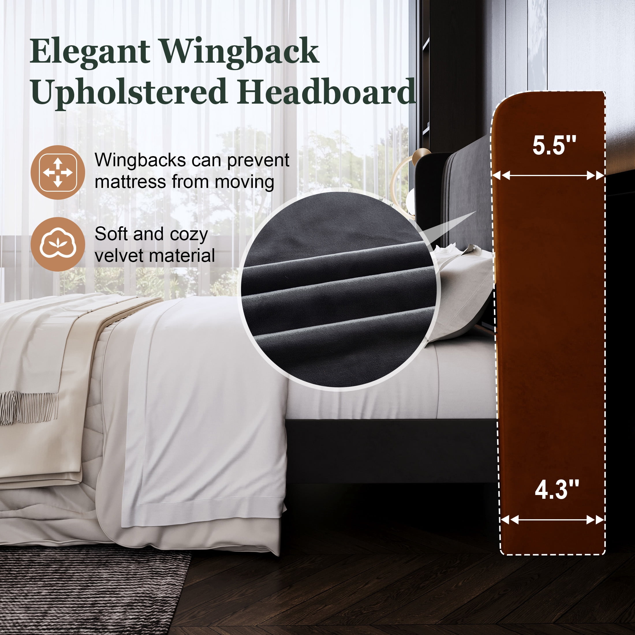 Amolife Queen Size Bed Frame, Velvet Platform Bed with Upholstered Wingback Headboard, No Box Spring Needed, Black