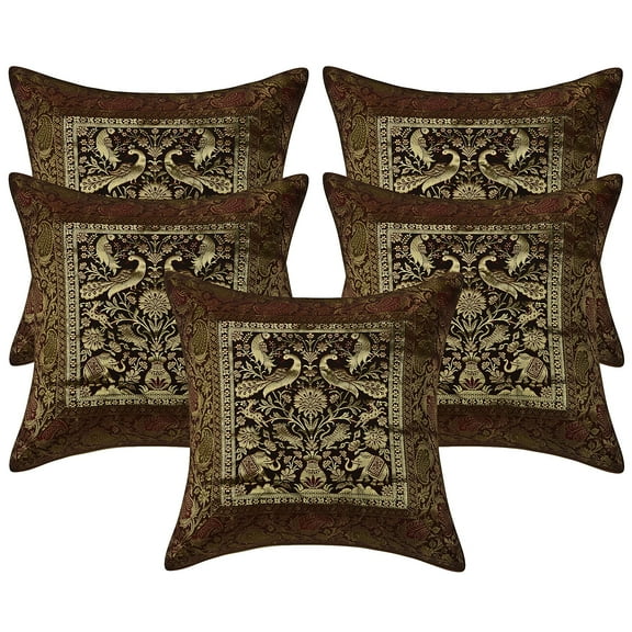 Stylo Culture Indian Sofa Throw Pillow Covers 16 x 16 Jacquard Peacock Dark Brown Square 40cm x 40cm Home Decor Brocade Elephant Zippered Cushion Covers | Set Of 5