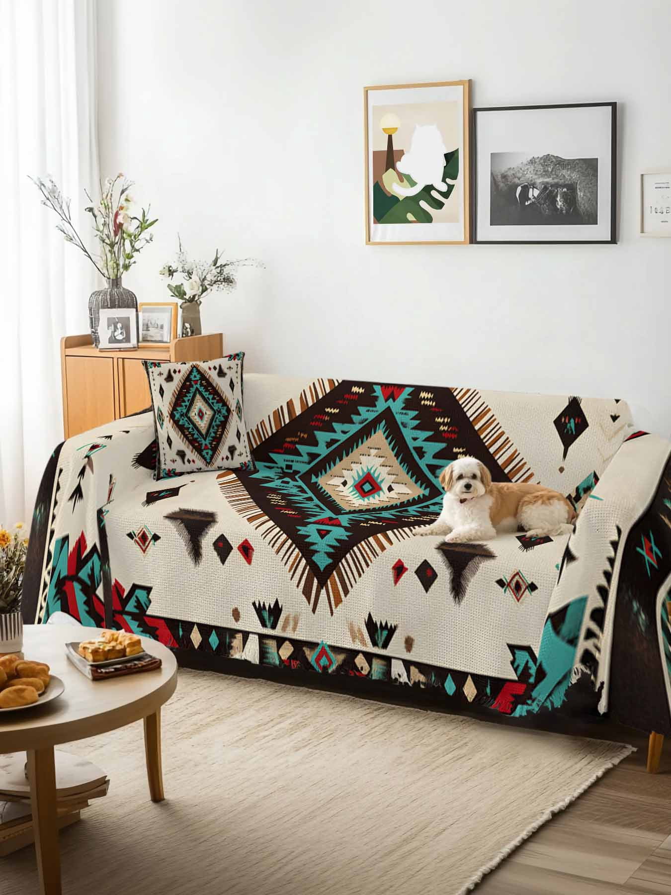 Red Teal Brown Southwestern Couch Cover, Ethnic Geometric Boho Retro Sofa Cover Blanket for 3 Cushion Couch, Sectional Sofa Slipcover Furniture Protector for Living Room Bedroom 71''x134''