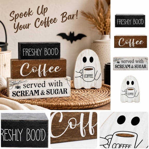 Izexuh 4 Piece Tabletop Signs Halloween Table Decor Coffee Bar Wooden Block Set Ghost Shaped Plaque Tiered Tray Decoration for Home Office Kitchen Display