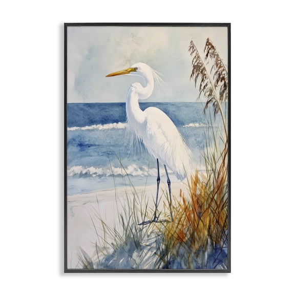 Stupell Industries Egret By The Waves Black Framed Giclee Art, design by Petal Prints Design