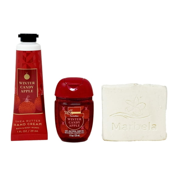 Bath & Body Works Winter Candy Apple - Duo Gift Set Travel Size - Hand Cream and Hand Gel With a Natural Oats Sample Soap.