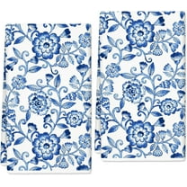Blue White Floral Kitchen Towel Vintage Boho Flower Dish Towels 18 x 26 Inch Hand Drying Tea Towel for Cooking Baking Cleaning, 2Pcs