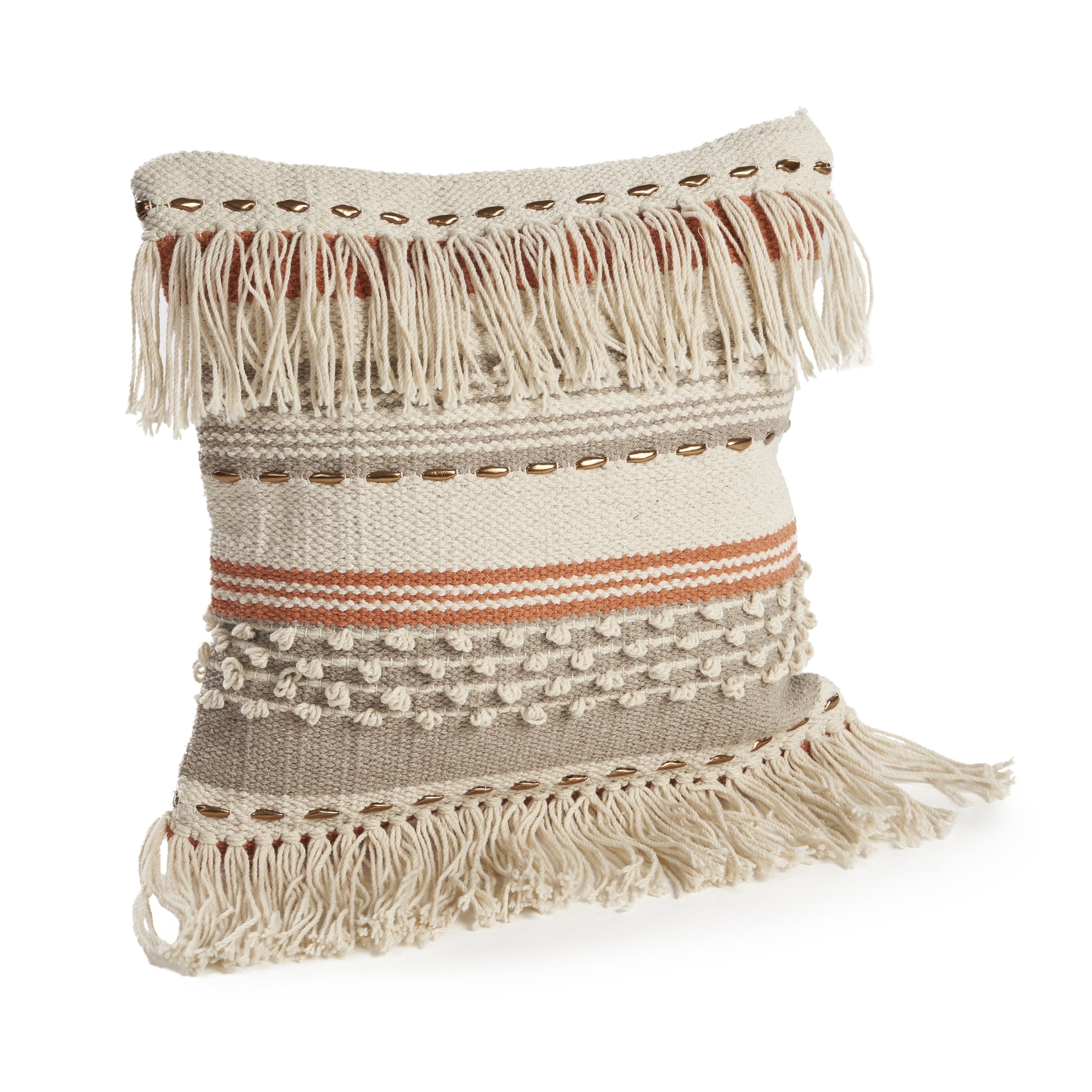 Laddha Home Designs Handwoven Striped Cotton Throw Pillow Cover - 18" - Beige and Orange