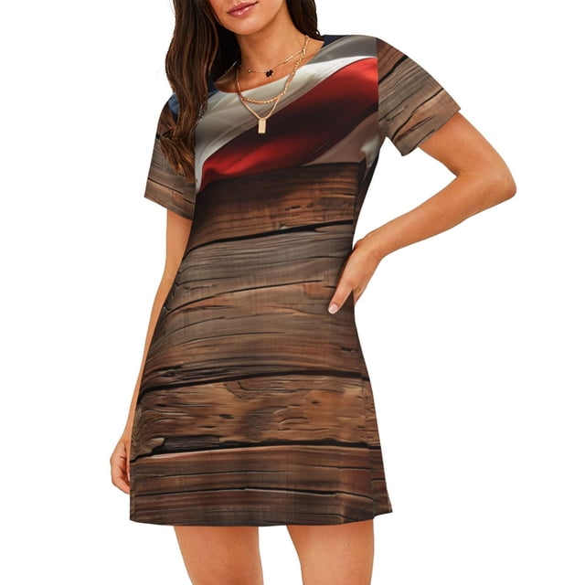 Disketp Rustic American Flag Wood para Camisón Corto de Manga Corta para Mujeres, Camisón Cómodo con Escote Redondo, Bonito y Confortable