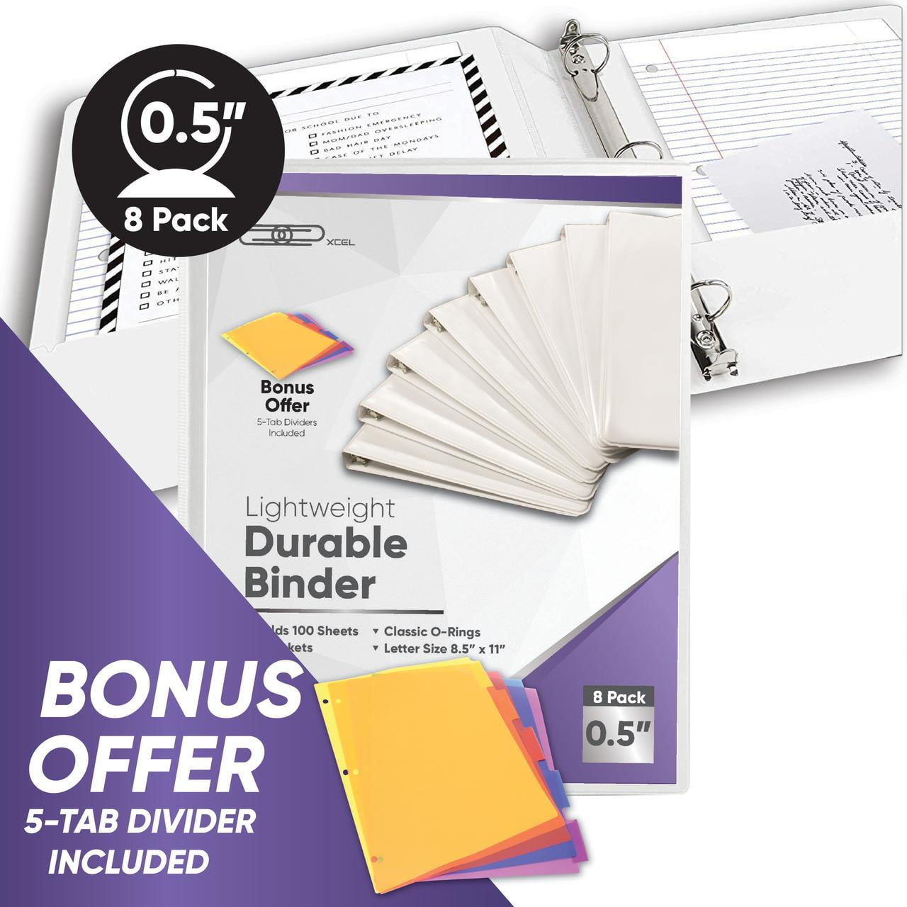 Xcel 1/2' Lightweight Durable Binder, 3 Round Ring Binder, White 8-Pack, Includes 5 Binder Dividers