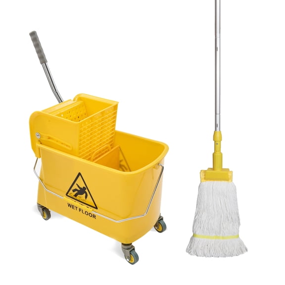 Midoneat  Side Press Wringer Combo Commercial Floor Cleaning Rectangular Mop Bucket on Wheels, 22-Quart, Yellow,Add One Commercial Mop