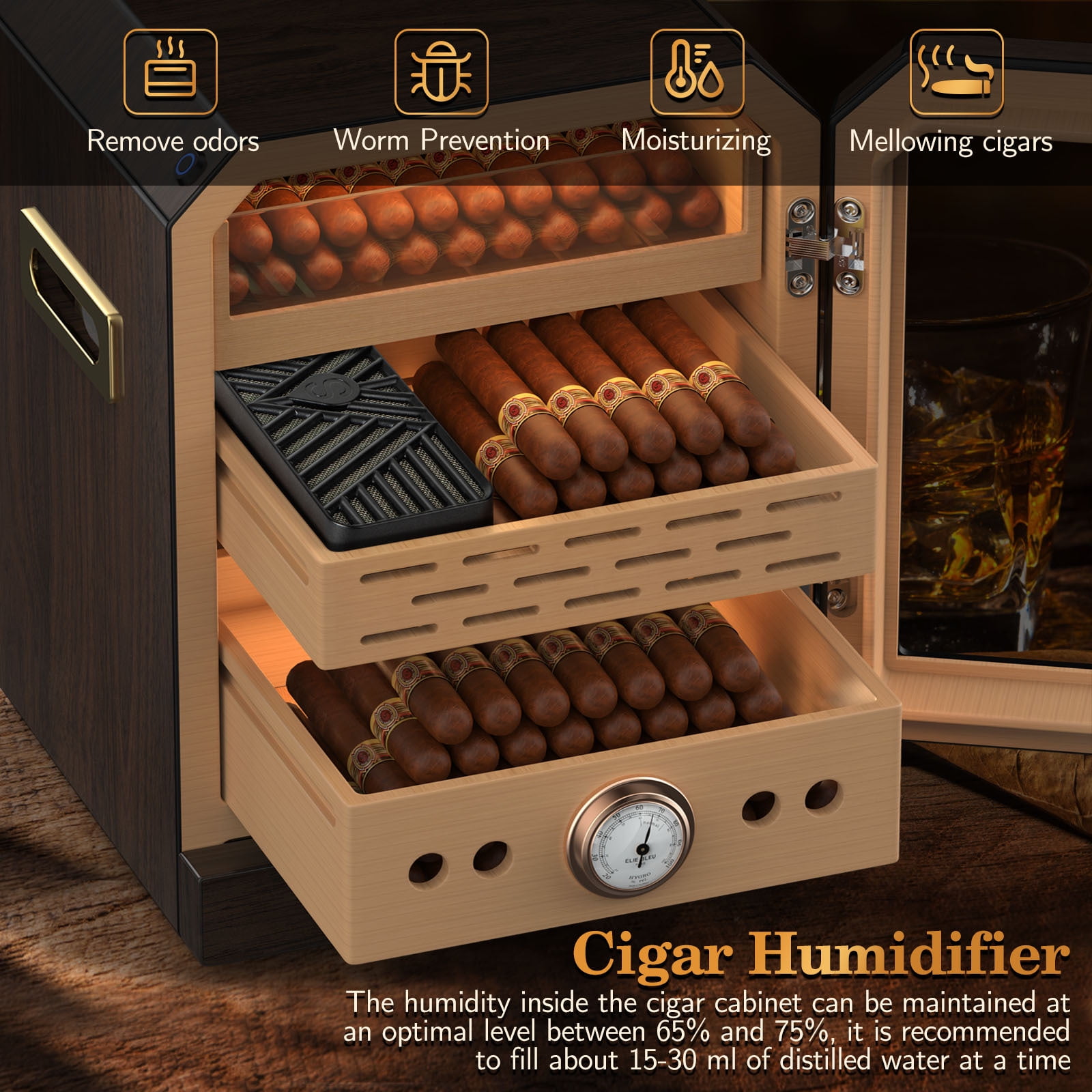 Electric Cigar Humidor Lighted Control Magnetic Door Desktop Cigar Humidor Cabinet,with Cigar Accessory Drawer 2 humidifiers 3 Layer Large Capacity Humidor,Hold 100-150 Cigars Gift for Cigar Lover