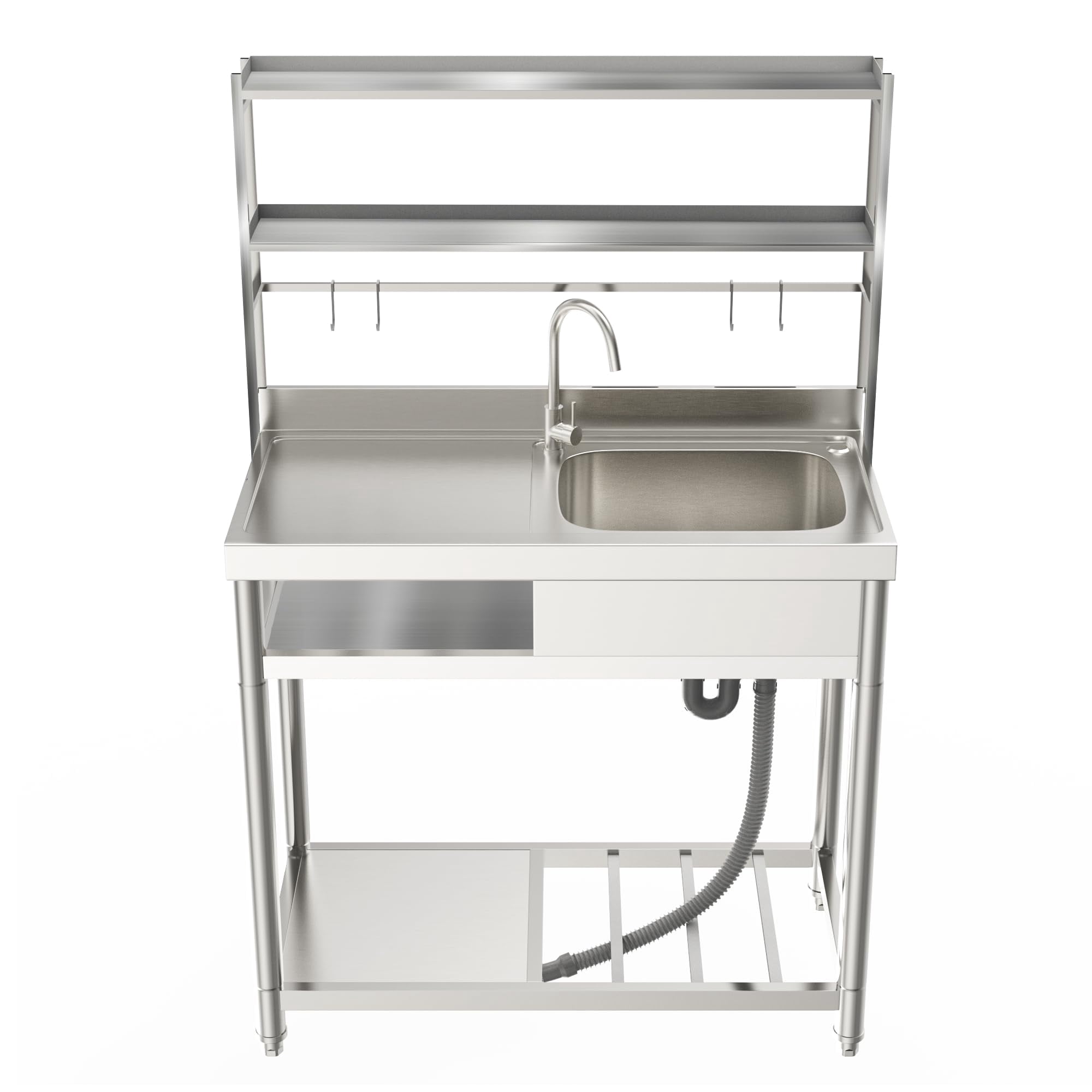 Stainless Steel Utility Sink, 39.4'' Free Standing Commercial Single Bowl Sink with Shelves & Cold and Hot Water Pipe, Laundry Tub for Garage Kitchen - Right Bowl