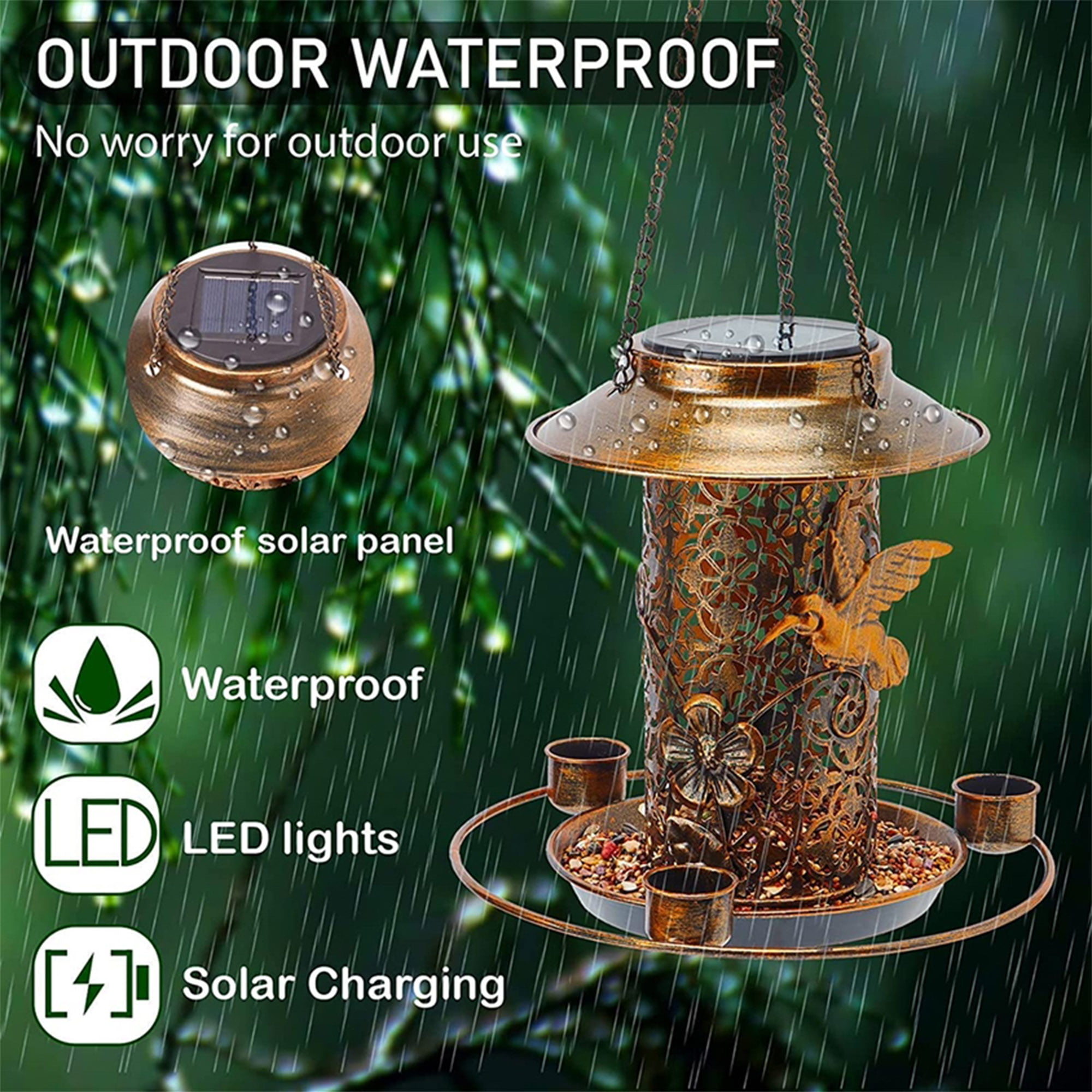 Iron Hanging Bird Feeder with Solar Light, Outdoor Hummingbird Feeder