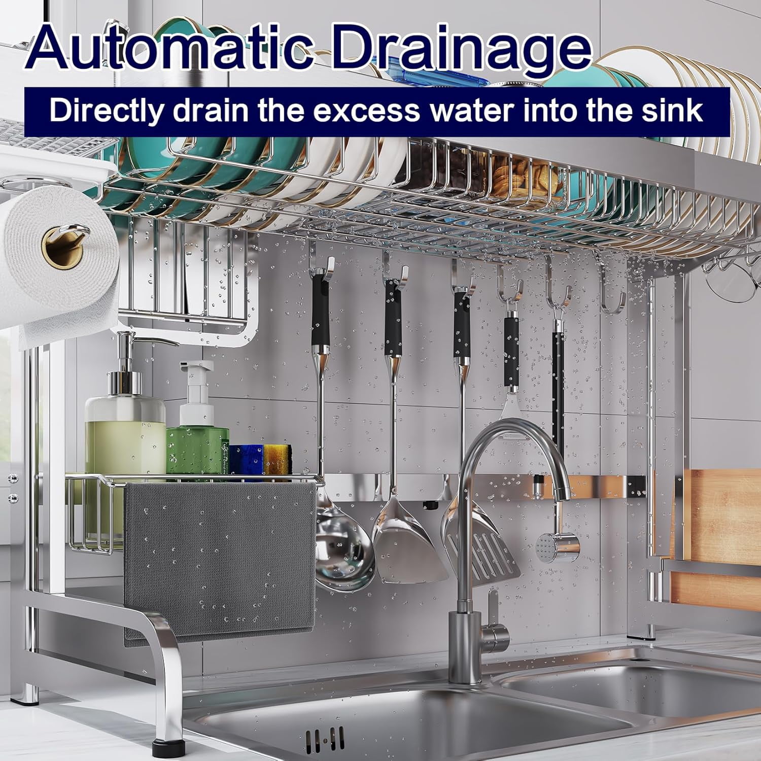 Over The Sink Dish Drainer Drying Rack, 2 Tier Full Stainless Steel Storage Adjustable Length Kitchen Rack, Multifunctional Expandable Counter Organizer, Space Saver Dish Rack