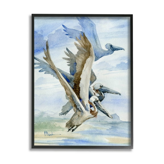 Stupell Industries Pelicans Aloft Bird Flight Trio Painting Black Framed Art Print Wall Art, Design by Paul Brent