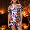 thumbnail image 2 of felwors Kids Halloween Pajamas Kids Pumpkin Ghost Print Girls Silk Pjs Short Sleeve Button-Down Top Shorts Set Kids Girls Clothes (Purple,2-3 Years), 2 of 5