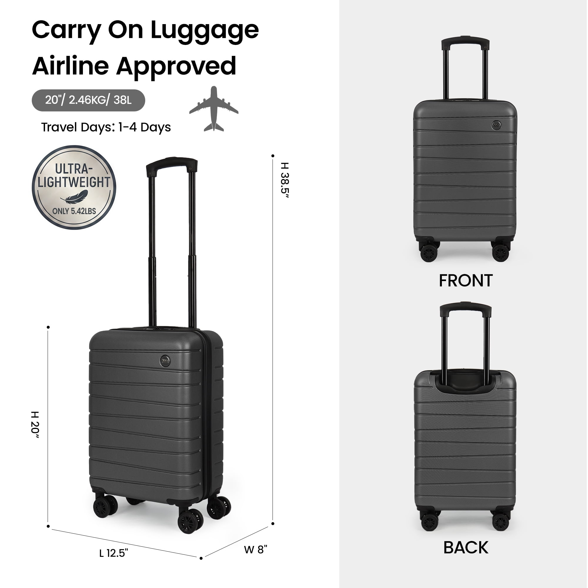New York Xpress 20" Hardside Carry-on Luggage Airline-Approved, Lightweight Hard Shell Suitcase with Spinner Wheels, Grey - 2538