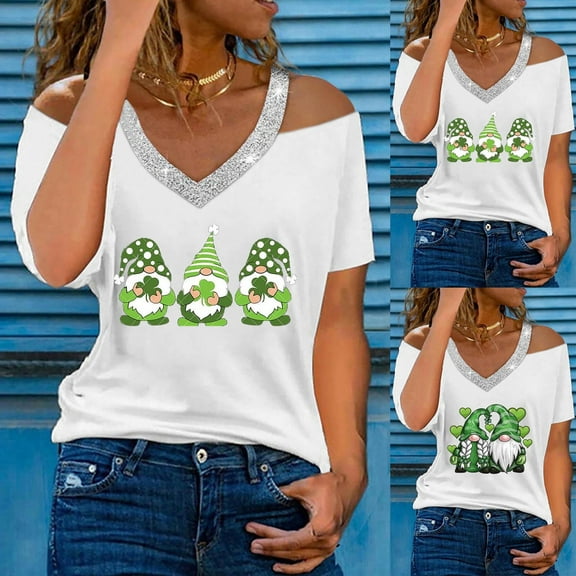 Jacenvly 2024 new plus size womens clothes Fashion Saint Patrice's Women's Casual Summer Printed Short Sleeve Tops Blouse breathable Off Shoulderv neck t shirts t-shirts womens summer Green