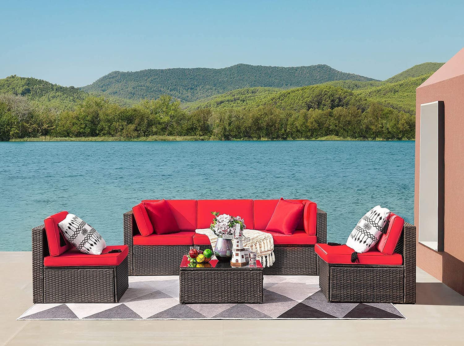 Devoko Patio Furniture Sets 6 Pieces Outdoor Sectional Rattan Sofa Manual Weaving Wicker Patio Conversation Set with Glass Table and Cushion Red