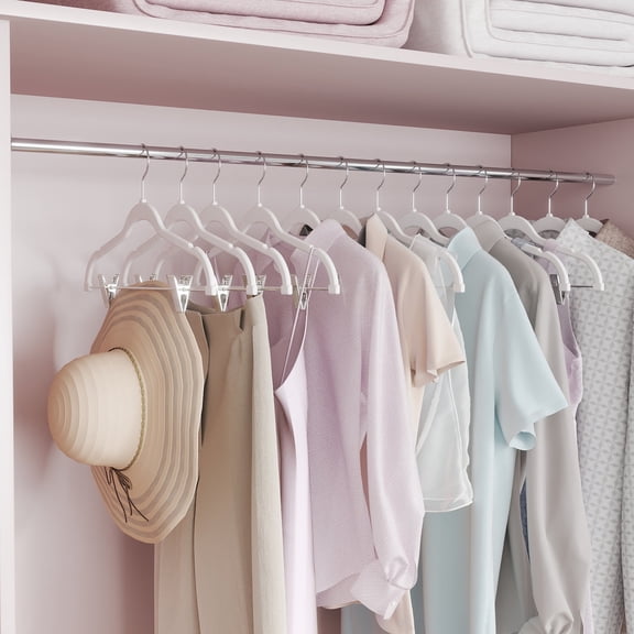 LEDREM 50-Pack Velvet Hangers with Adjustable Clips, 16.7-Inch Slim Non-Slip Clothes Hangers for Pants, Skirts, Dresses, Space Saving, White